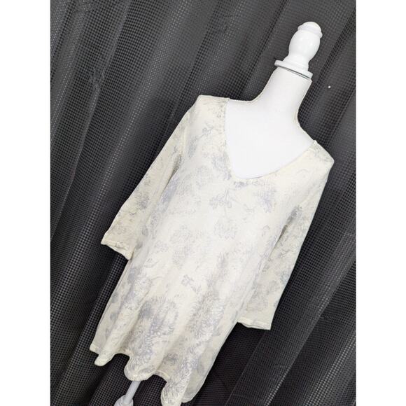 J. JILL! FINE LINEN! FLORAL CREAM, GRAY LIGHTWEIGHT KNIT, V-NECK SWEATER! SZ M - Picture 9 of 9